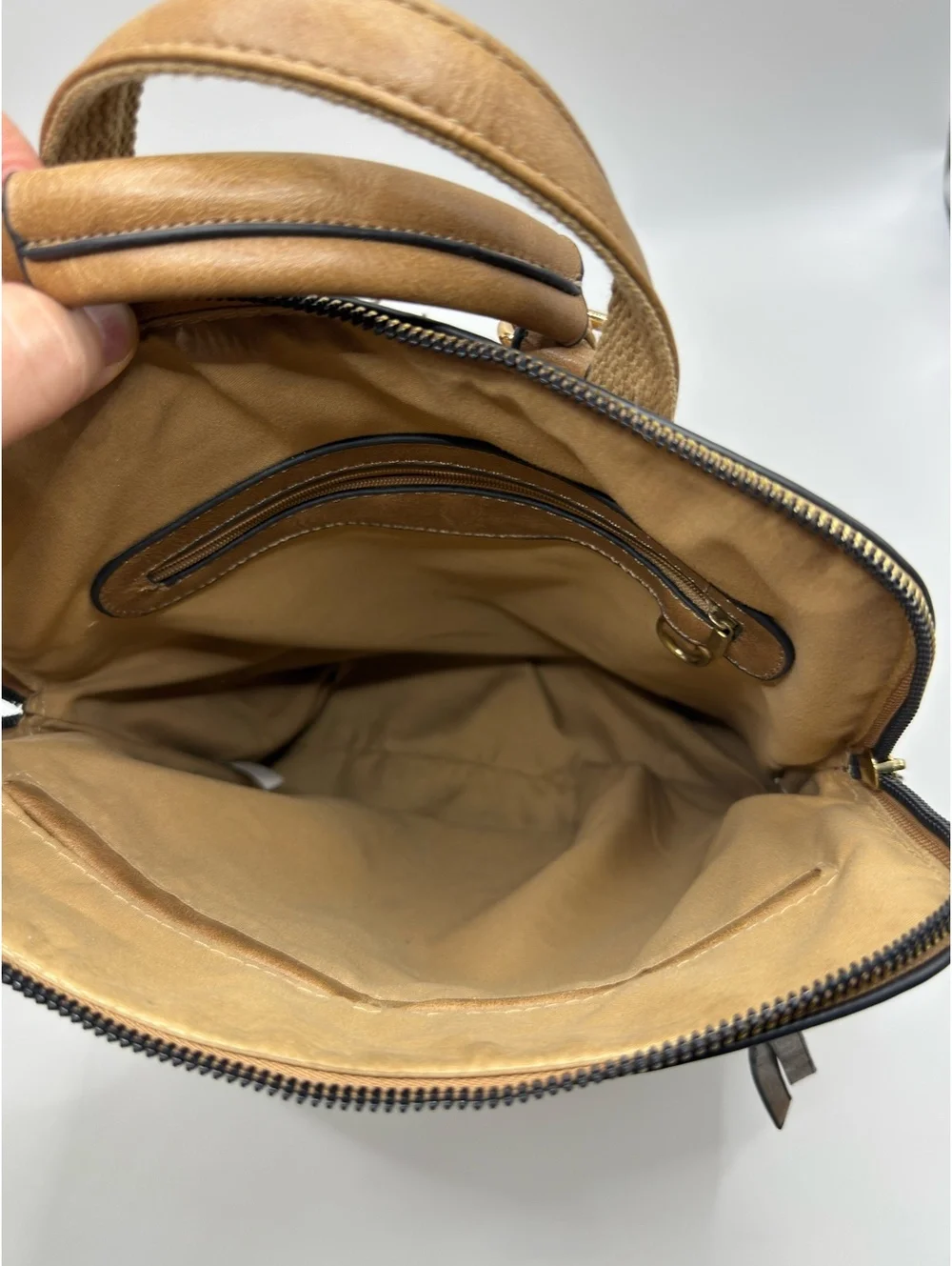 Tan Faux Leather Backpack with Front and Interior Zipper Pck